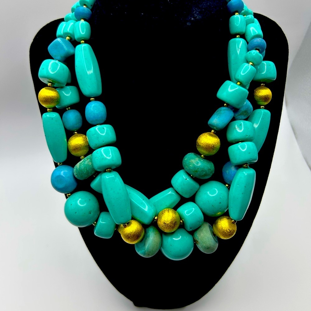 Vintage St. John Turquoise 3-Strand Beaded Necklace with Gold-Tone Accents